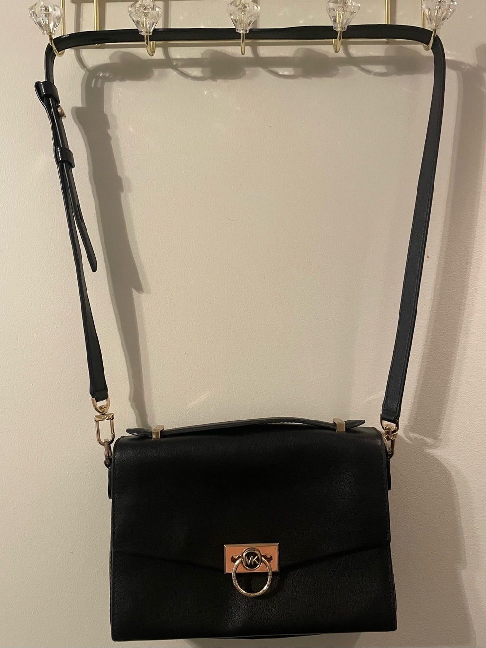 Michael Kors Black Leather Crossbody with Gold Ring Accent